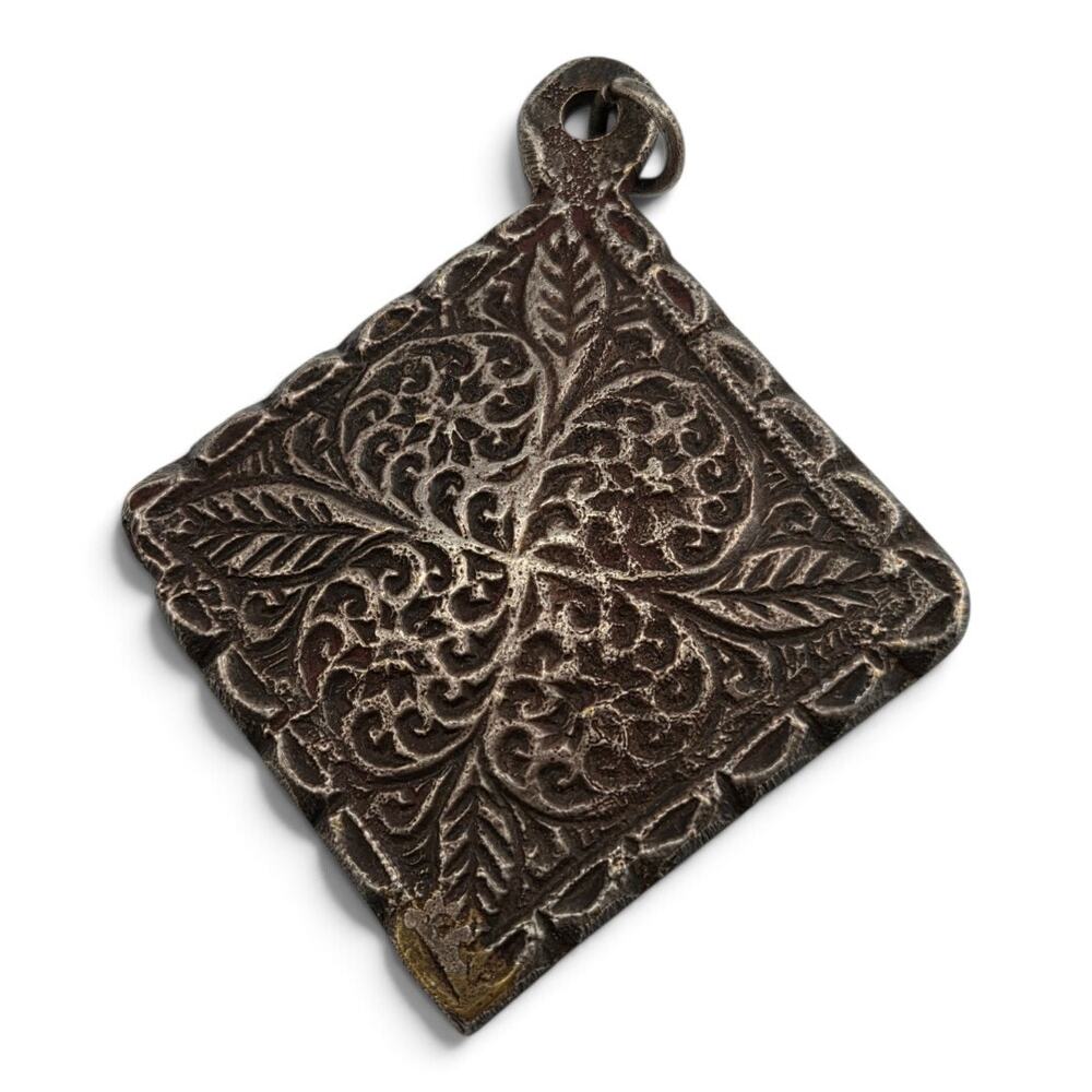 Vintage Large Triangle Floral Pendant Antiqued Silver Tone 3" Statement Jewelry